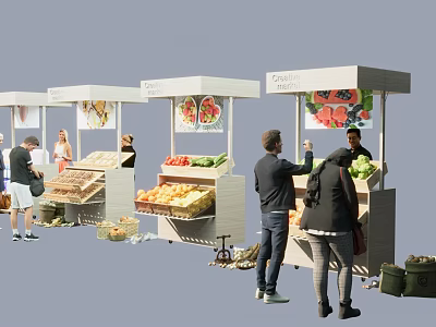 Fresh Fruit Stalls With Colorful Fruits And People Shopping In Market 3d model