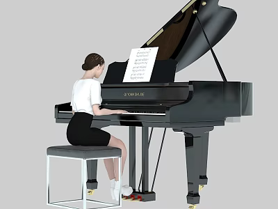 Woman Sitting On Stool Playing Black Grand Piano With Open Music Sheet 3d model