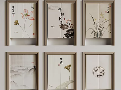 Traditional Chinese Decorative Paintings With Lotus Calligraphy Landscape And Orchid Ink Elements For Wall Decor 3d model