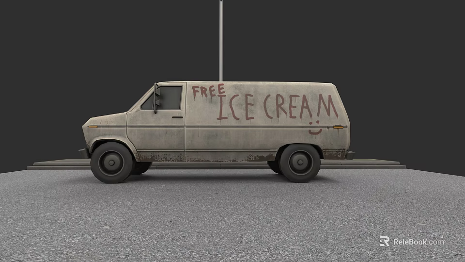 Old Ice Cream Van With Handwritten Free Ice Cream Text On Gray Road 3d model 