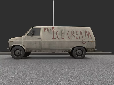 Old Ice Cream Van With Handwritten Free Ice Cream Text On Gray Road 3d model