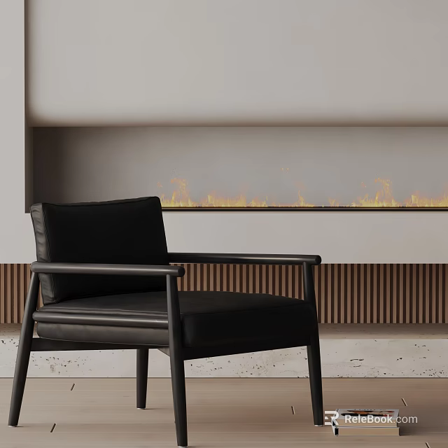Black Leather Accent Chair Near Modern Fireplace With Flames And Wooden Panels 3d model 
