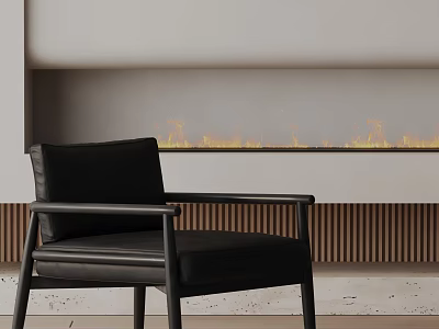 Black Leather Accent Chair Near Modern Fireplace With Flames And Wooden Panels 3d model