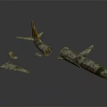Damaged Airliner Wreckage With Broken Fuselage Wings And Green White Paint