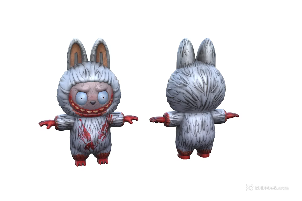 Creepy Rabbit Shaped Doll With Gray Fur Red Eyes And Red Paws 3d model 