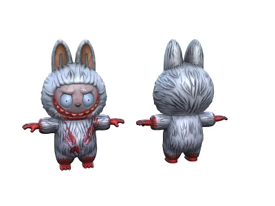 Creepy Rabbit Shaped Doll With Gray Fur Red Eyes And Red Paws 3d model