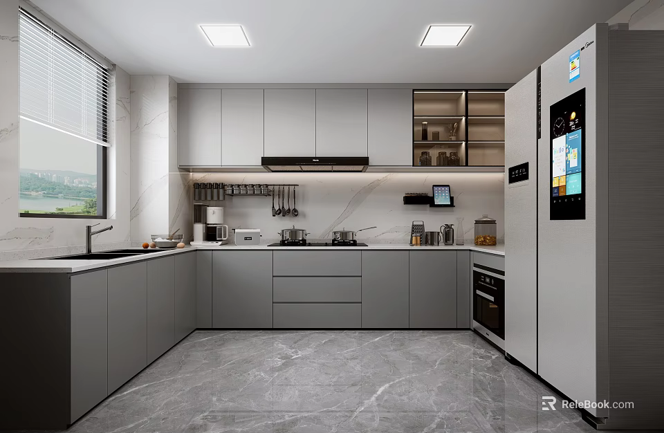 Modern Kitchen Interior With Gray Cabinets Marble Countertop Smart Refrigerator And Ceiling Lights 3d model