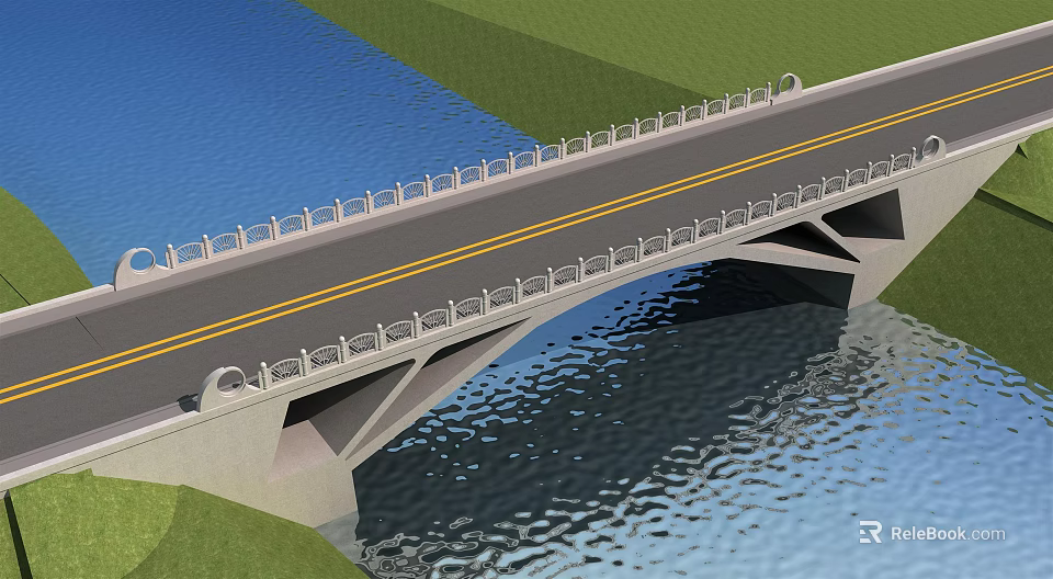 Concrete Bridge With Double Yellow Lines Guardrails Over Water And Green Grass 3d model 