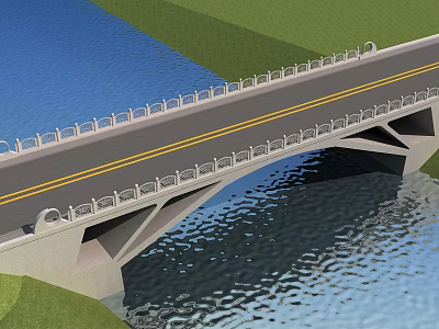 Concrete Bridge With Double Yellow Lines Guardrails Over Water And Green Grass 3d model