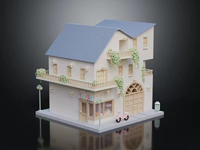 Two story Building With Blue Roof Balconies Vines Ground Floor Shop And Scooter 3d model