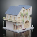 Two story Building With Blue Roof Balconies Vines Ground Floor Shop And Scooter