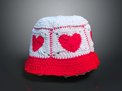 Stylish Red and White Crocheted Bucket Hat with Red Heart Patterns 3d model