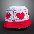 Stylish Red and White Crocheted Bucket Hat with Red Heart Patterns 3d model