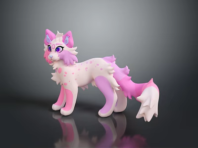 Cute Pink And White Cartoon Plush Doll With Purple Eyes Spotted Coat And Fluffy Ears 3d model