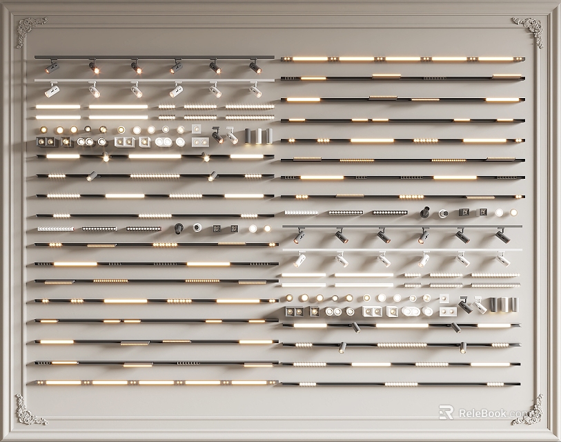 Wall Shelf Showcase of Various Downlights and Spotlights for Home Lighting Design 3d model 