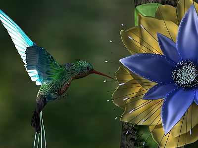 Flying Hummingbird With Green And Blue Feathers Sipping Nectar From Blue And Yellow Flower 3d model