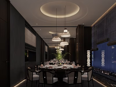 Private Dining Room Interior With Large Round Table Elegant Chairs Hanging Lamps And Decorative Plants 3d model