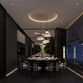 Private Dining Room Interior With Large Round Table Elegant Chairs Hanging Lamps And Decorative Plants
