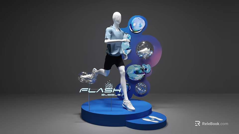 DP Device Featuring White Running Mannequin Blue Platform Circular Decorations And FLASH Lettering 3d model 