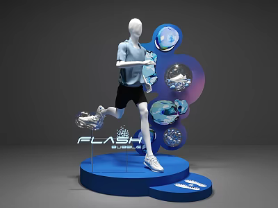DP Device Featuring White Running Mannequin Blue Platform Circular Decorations And FLASH Lettering 3d model