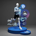DP Device Featuring White Running Mannequin Blue Platform Circular Decorations And FLASH Lettering