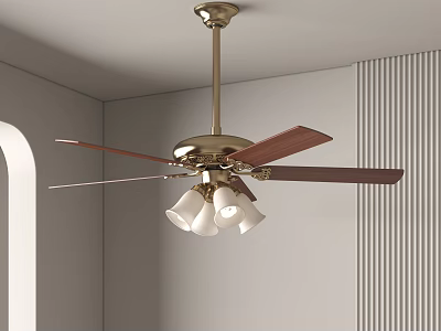 Classic Indoor Ceiling Chandelier With Metal Frame Wooden Fan Blades And White Lampshades 3d model