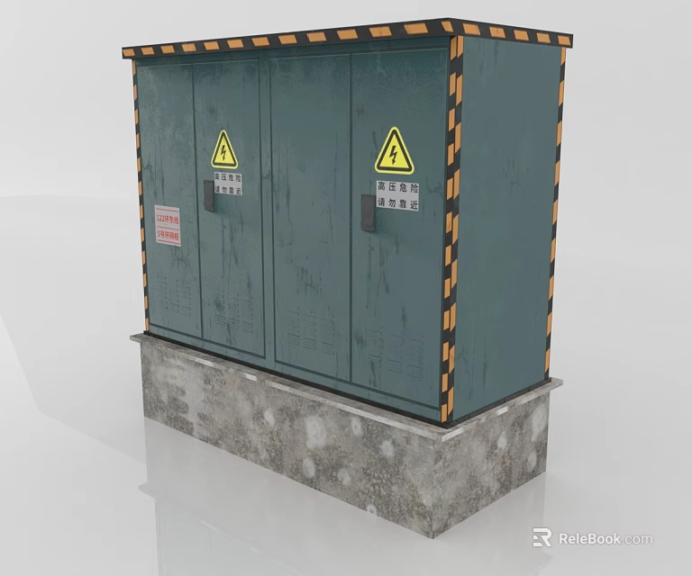 Industrial Green Double Door Electrical Distribution Box with Warning Signs Concrete Base Black Yellow Stripes 3d model 