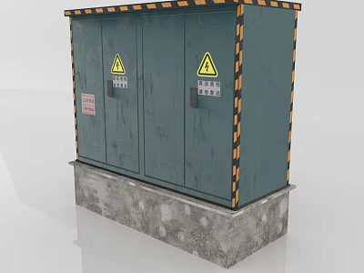 Industrial Green Double Door Electrical Distribution Box with Warning Signs Concrete Base Black Yellow Stripes 3d model