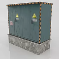 Industrial Green Double Door Electrical Distribution Box with Warning Signs Concrete Base Black Yellow Stripes