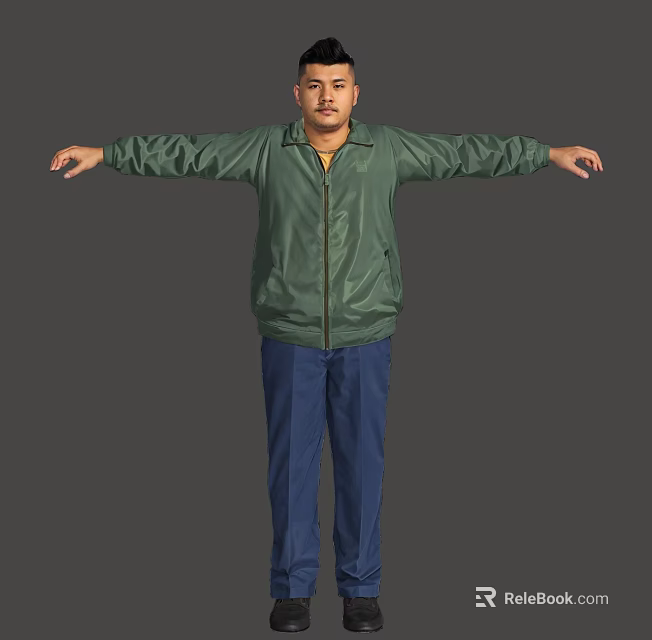 A Man Standing With Arms Outstretched In Green Jacket And Blue Pants Against Gray Background 3d model 