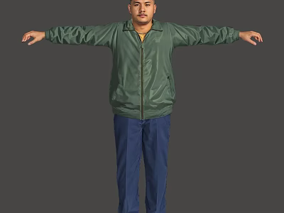A Man Standing With Arms Outstretched In Green Jacket And Blue Pants Against Gray Background 3d model