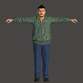 A Man Standing With Arms Outstretched In Green Jacket And Blue Pants Against Gray Background