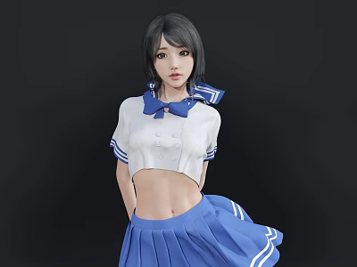 Young Woman In White Top With Blue Bow Tie And Blue Pleated Skirt 3d model