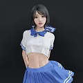 Young Woman In White Top With Blue Bow Tie And Blue Pleated Skirt