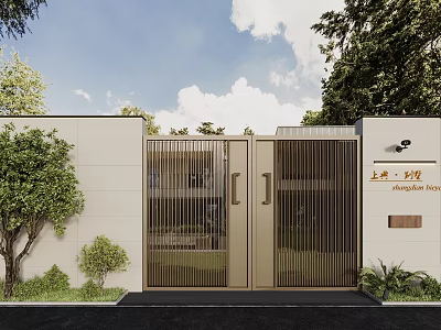 Modern Golden Entrance Gate With Double Door Grille Design Light-colored Wall And Greenery 3d model