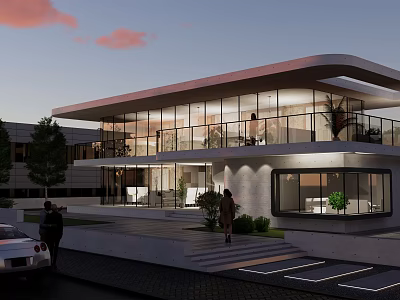 Modern Detached Villa Featuring Glass Curtain Walls Open Terrace And Twilight Lighting 3d model