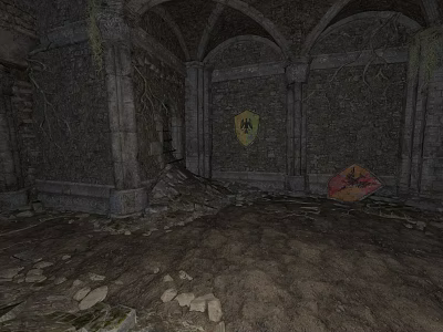 Ancient Ruined Medieval Chamber With Stone Walls Arched Vaults Shield And Debris 3d model