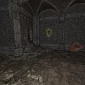 Ancient Ruined Medieval Chamber With Stone Walls Arched Vaults Shield And Debris