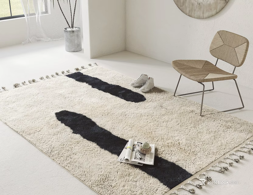 Beige Black Square Area Rug With Tassel Edges Cozy Slippers And Magazine Near Wooden Chair 3d model 