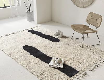 Beige Black Square Area Rug With Tassel Edges Cozy Slippers And Magazine Near Wooden Chair 3d model
