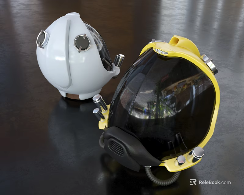 White And Yellow Diving Helmets With Circular Windows Knobs On Dark Glossy Surface 3d model 