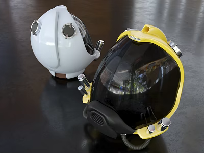 White And Yellow Diving Helmets With Circular Windows Knobs On Dark Glossy Surface 3d model