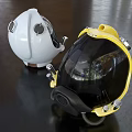 White And Yellow Diving Helmets With Circular Windows Knobs On Dark Glossy Surface 3d model