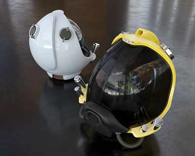 White And Yellow Diving Helmets With Circular Windows Knobs On Dark Glossy Surface 3d model