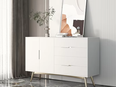 White Entryway Console Cabinet With Golden Legs Drawers Decorative Mirror Plant On Marble Floor 3d model