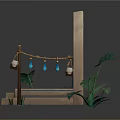 Garden Ornament With Stone Fountain Hanging Lanterns Water Drops And Green Leaves