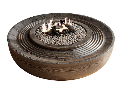 Rustic Round Wooden Coffee Table Featuring Central Fire Pit With Stones And Flames 3d model