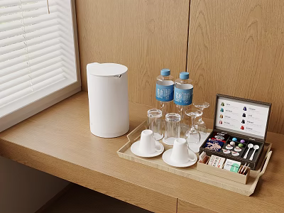 Daily Use Electrical Appliance On Wooden Countertop With Cups Bottles 3d model