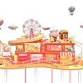 Fairy Tale Amusement Park Scene With Ferris Wheel Hot Air Balloons And Pink Buildings