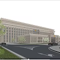 Modern Office Building With Glass Curtain Walls Symmetrical Design And Landscaped Area